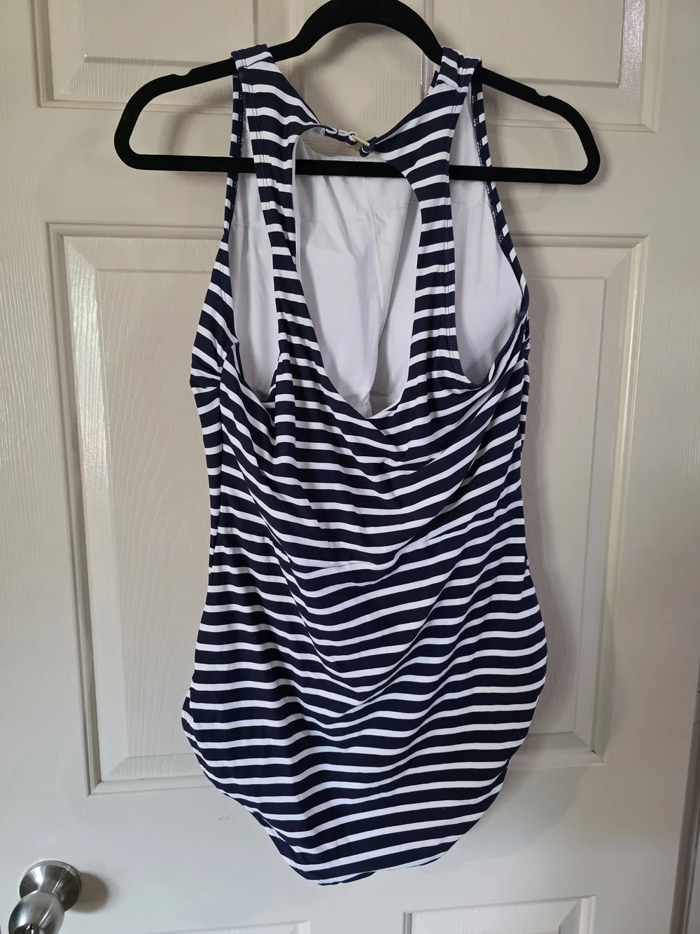 Lands' End Navy and White Striped High-Neck One-Piece Swimsuit